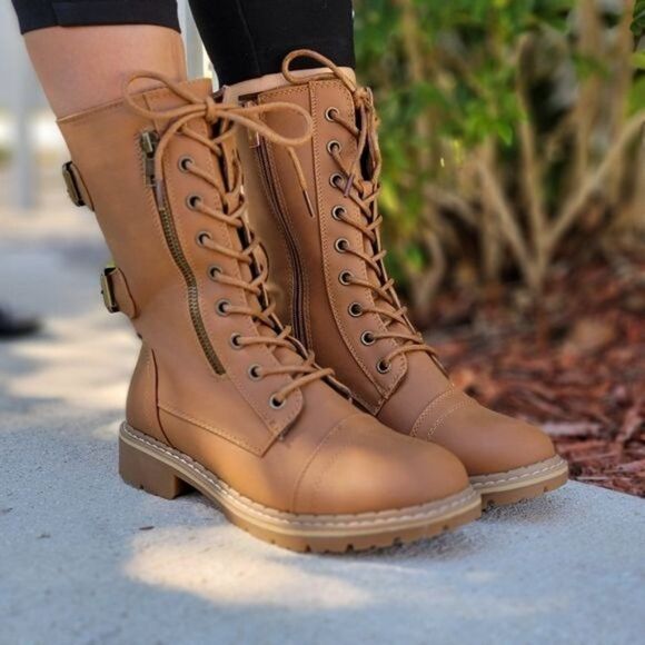 Shoes - Women's Tan Lace up and Ankle Mid Calf Combat Boots